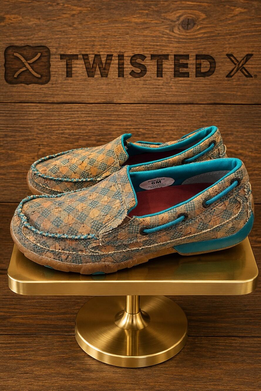 Twisted X Cork Plaid Slip-On Driving Mocs Tan Turquoise Women’s 6M WDMS022 NEW